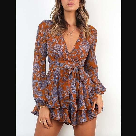 Relipop Pants - Relipop Romper L NWOT Floral Print V-Neck Long Sleeve Waist Tie Layered Ruffle